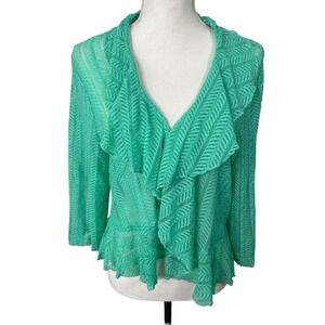 Connected Apparel Aqua Blouse Women's 20W Plus Ruffle Top Sheer Knit 3/4 Sleeve‎
